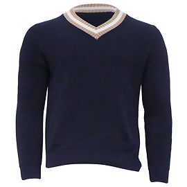 Rippstrick-V-Ausschnitt-Pullover aus navyblauer Baumwolle von Brunello Cucinelli Blau Marineblau