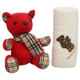 BURBERRY Teddy Bear Handkerchief Set Stuffed Cotton White Red Auth am8839 White Red