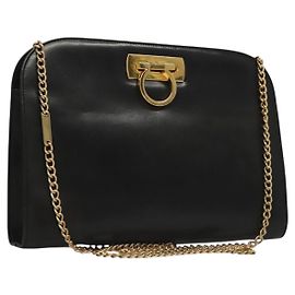 Bolsa de ombro com corrente Salvatore Ferragamo em couro preto e dourado Auth 136157 Preto Dourado