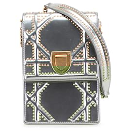 Dior-Dior Silver Metallic Studded Calfskin Vertical Diorama-Silvery