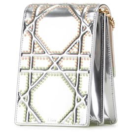 Dior-Dior Silver Metallic Studded Calfskin Vertical Diorama-Silvery
