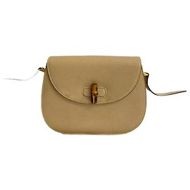 Gucci Old Bamboo Turnlock Leather Shoulder Bag Beige