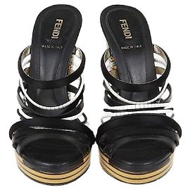 Fendi Black/White Strappy Platform Slide Sandals Black White