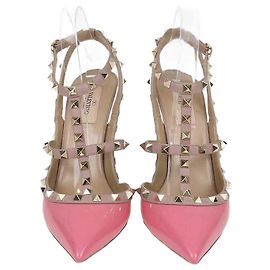 Valentino Pink/Beige Patent Rockstud Ankle Strap Sandals Pink Beige