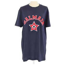 Camiseta de cuello redondo de tweed azul oscuro/rojo con logo bordado de Balmain Roja Azul oscuro