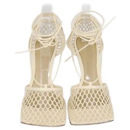 Bottega Veneta Cream Stretch Lace Up Sandals Cream