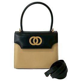 Céline Bolsa de couro de bezerro com hardware de logo circular Celine Preto Bege