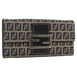 FENDI Zucchino Canvas Long Wallet Navy Silver Auth 135967 Silvery Navy blue