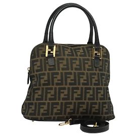 FENDI Zucca Canvas Hand Bag 2way Black Brown gold Auth 133607 Brown Black Golden