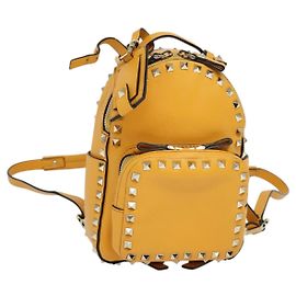 VALENTINO Studs Backpack Leather Yellow Silver Auth BA3815 Silvery Yellow