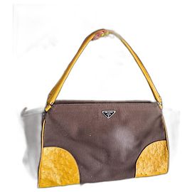 Borsa a spalla Prada Gialla e Marrone Scuro Cotone e Pelle di struzzo Giallo Marrone scuro