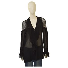 Schwarze transparente Spitzen- und Chiffonbluse von Roberto Cavalli – Romantischer Rüscheneinsatz Größe 44 Schwarz