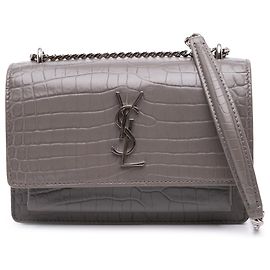 Saint Laurent Gray Croc Embossed Leather Monogram Sunset Chain Wallet Brown