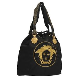 Bolsa Tote Gianni Versace Nylon Preto Dourado Auth BA4472 Preto Dourado