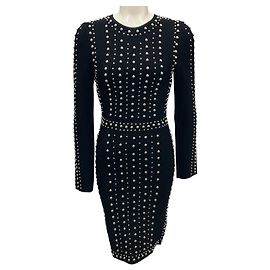 Herve Leger Black / Silver Stud Embellished Long Sleeved Bandage Dress Black