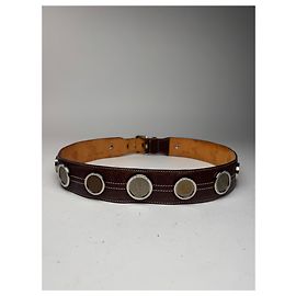 Céline Cinto de metal / couro com aplicação de moedas vintage Celine Paris marrom Marrom