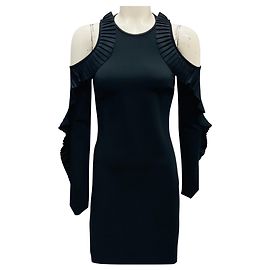 David Koma Black Ruffled Cold Shoulder Nylon Stretch Mini Cocktail Dress Black