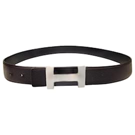 Hermès-Hermes H-Buckle Reversible Belt-Brown,Black,Silvery