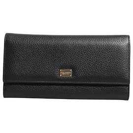 Dolce & Gabbana Carteira trifold em couro preto com placa de logo Preto