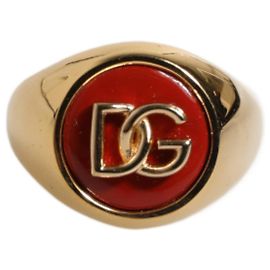 Dolce & Gabbana Gold Tone Real Brass Red DG Logo Men Ring Golden
