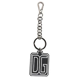 Dolce & Gabbana Black White DG Rubber Logo Silver Men Keychain Keyring Black