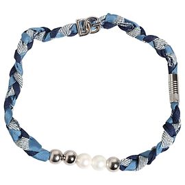 Dolce & Gabbana Blue White Braided Silver Metal Logo Beaded Men Bracelet Blue