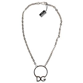 Dolce & Gabbana Silver Tone Brass Chain DG Logo Pendant Men Necklace Silvery