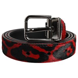 Dolce & Gabbana Black Red Leopard Silver Metal Buckle Belt Black