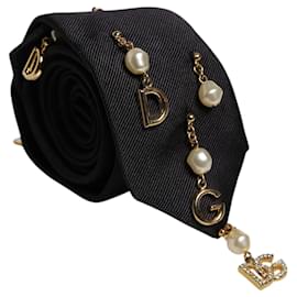 Dolce & Gabbana-Black Logo Embellished Adjustable Necktie Tie-Black