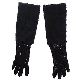 Dolce & Gabbana Guantes de piel de cordero de lana negra con encaje en el codo Negro
