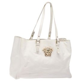 VERSACE Tote Bag Leather White Gold Auth yk19012 White Golden