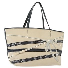 Salvatore Ferragamo Vala Vala Tote Bag Canvas Beige Navy Silver Auth BA4763 Silvery Beige Navy blue