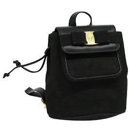 Salvatore Ferragamo Vala Vala Backpack Suede Black Gold Auth 133755 Black Golden