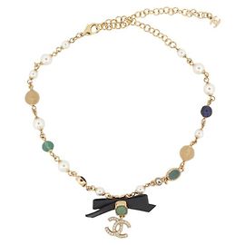 NOVO COLAR CHANEL CHOKER PEROLAS VIDRO STRASS 35-49CM METAL Dourado