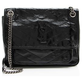 Saint Laurent Crinkled Calfskin Monogram Niki Medium Shoulder Bag Noir