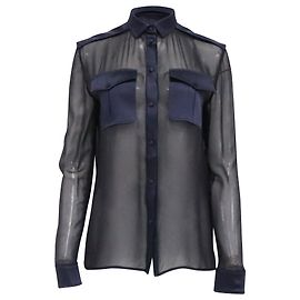 Tom Ford Sheer Buttoned Blouse in Navy Blue Silk Blue Navy blue