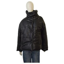 Nanushka Hide vegan quilted leather black puffer jacket high standing collar sz M Black
