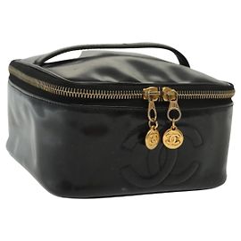 CHANEL Pochette Vanity Pelle verniciata Nera Oro CC Auth 137125 Nero D'oro