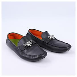 Hermès-HERMES Irving Leather Driving Moccasins in Black Collier de Chien for Men, Size 42 EU-Black