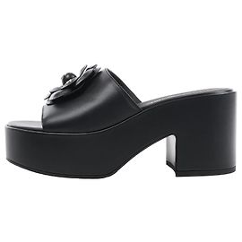 Chanel Camellia Leather Platform Mules in Black, Size 38.5 EU Black