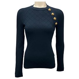 Balmain Navy / Gold Button Detail Langarm-Strickpullover Marineblau