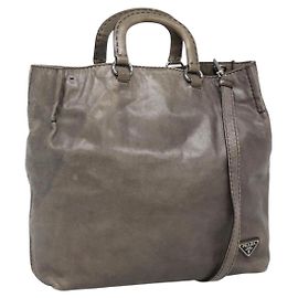 PRADA Handtasche Leder 2-Wege Grau Silber Auth ar13717 Braun Silber