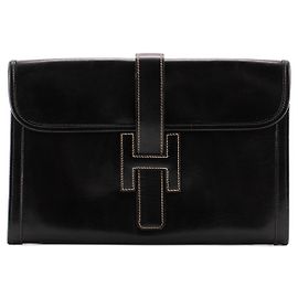 HERMÈS - Pochette Jige Hermès en cuir box noir Noir