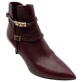 Botas de cuero graneado Valentino burdeos / oro Rockstud Burdeos