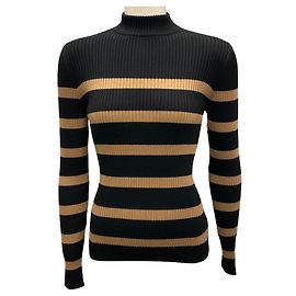 Akris Punto Black / Caramel Ribbed Wool Knit Pullover Sweater Black