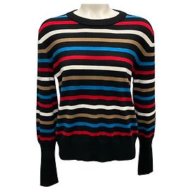 Schwarzer mehrfarbiger gestreifter Wollstrickpullover Akris Punto Mehrfarben