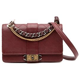 Chanel Vermelho CC Couro de Bezerro Costurado com Corrente Vermelho Bordeaux