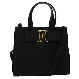 Salvatore Ferragamo Hand Bag Suede 2way Black Silver Auth 129645 Black Silvery