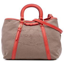 Bolsa Prada em lona Canapa marrom com logo e laço Marrom Bege