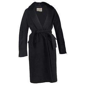 Max Mara Fur Collar Belted Wrap Coat in Black Wool Black